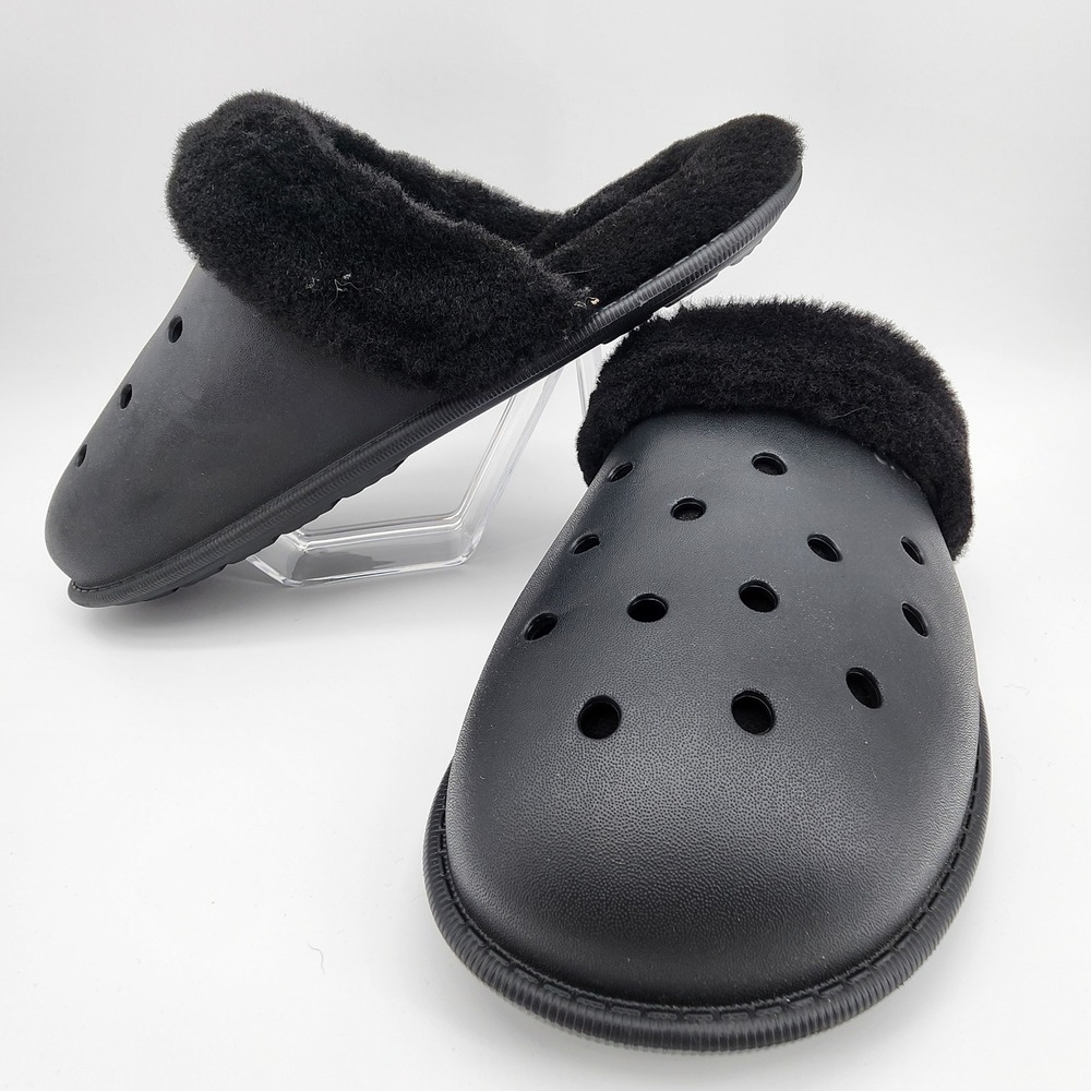 Crocs Classic Fuzz Scuff Black Lined Faux Fur Slip-On Clog Slippers Men 11